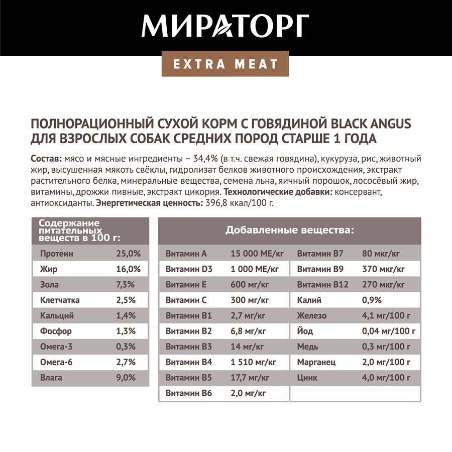 Мираторг Extra Meat Black Angus полнорационный сухой корм для собак средних  пород, с говядиной - 2,6 кг | Купить в Нижневартовске